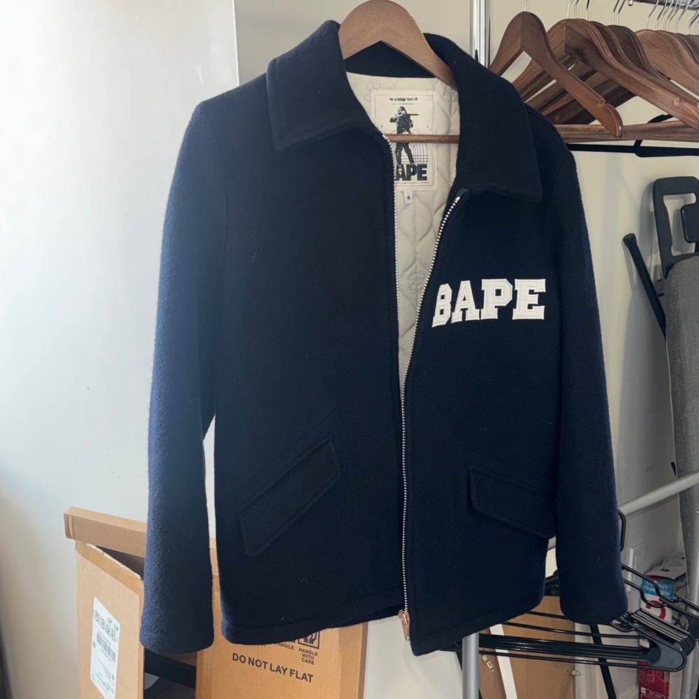 Bape Navy Blue Melton Wool Zip-Up Jacket